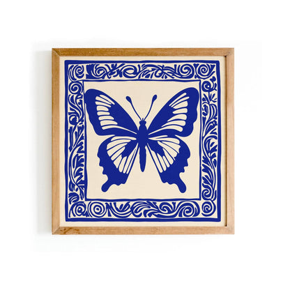 Blue Linocut Butterfly Art Print – Square Wall Decor