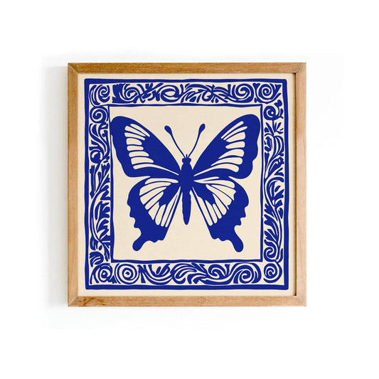 Blue Linocut Butterfly Art Print – Square Wall Decor