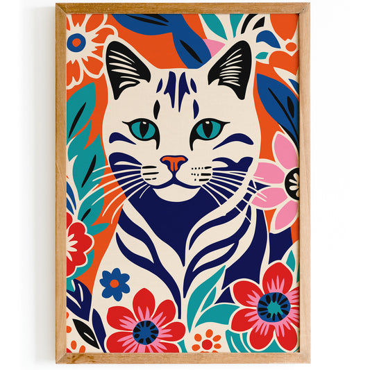Colorful Cat in Flowers Illustration