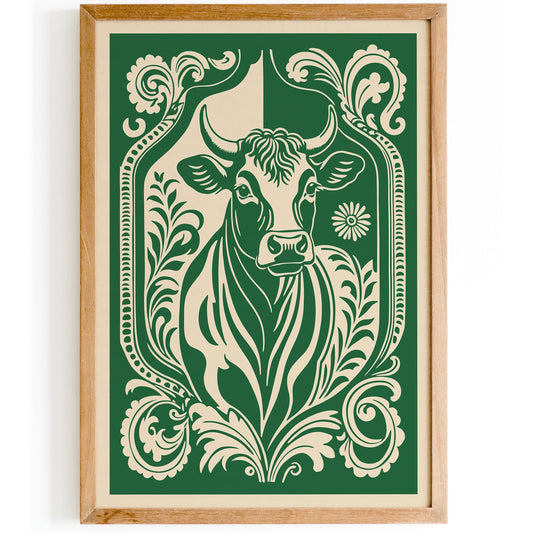Linocut Cow Poster - Green Farmhouse Kitchen Wall Art