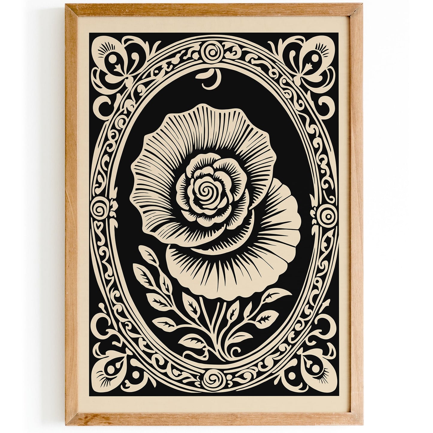 Black Rococo Revival Rose Flower Poster