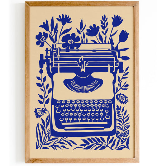 Retro Typewriter Poster - Blue Vintage Office Wall Art