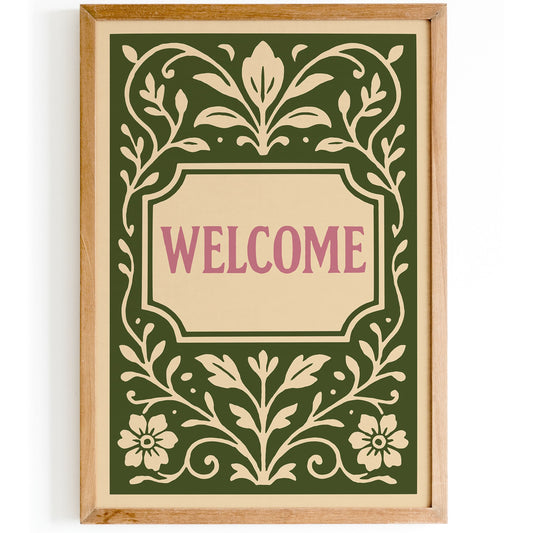 Green Welcome Sign Art Print in Floral Botanical Rococo Style
