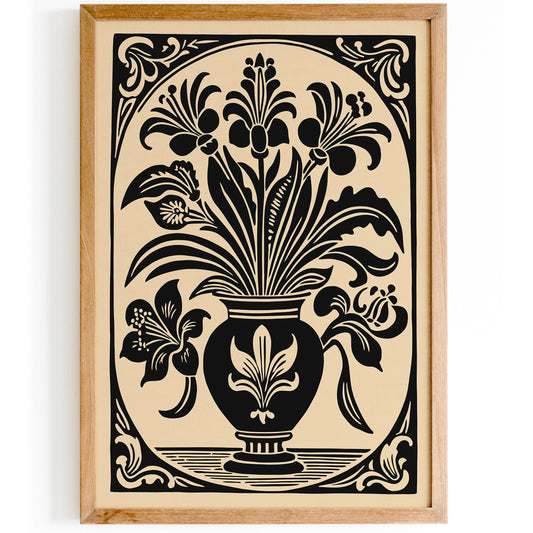 Black Flowers in Vase Poster – Elegant Rococo Wall Art Decor