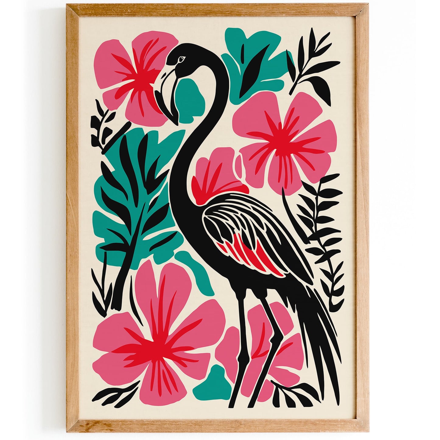 Tropical Black Flamingo Art Print – Bold Maximalist Floral Wall Decor