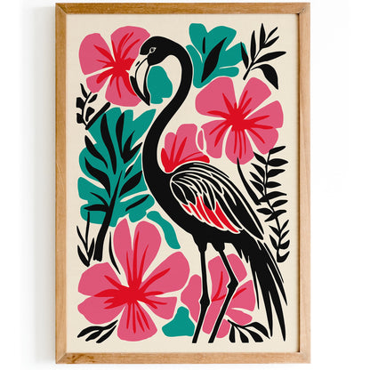 Tropical Black Flamingo Art Print – Bold Maximalist Floral Wall Decor