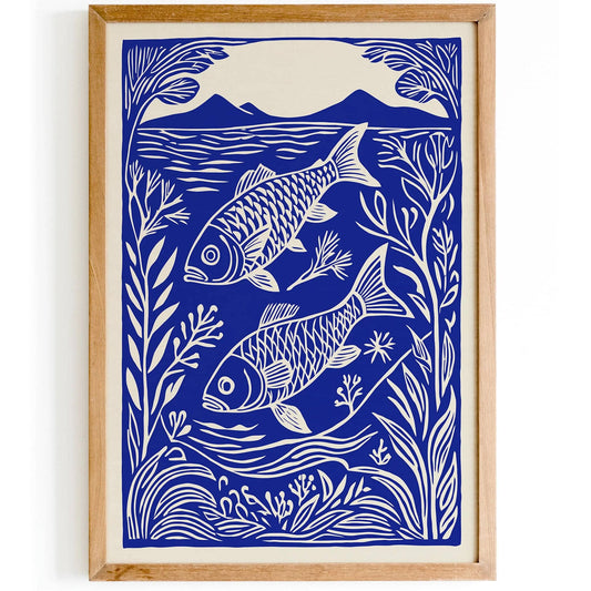Blue Fish Linocut Art Print