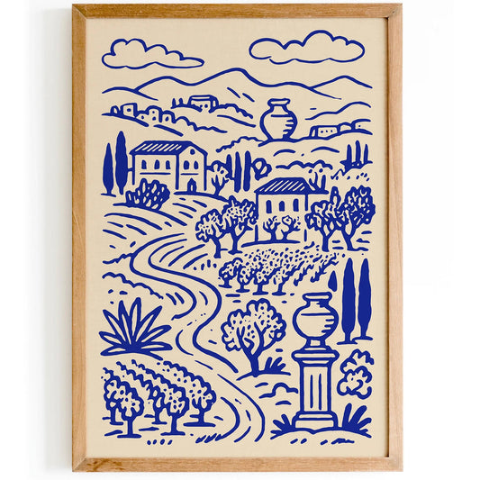 Tuscany Landscape Print, Blue Ink Wall Art