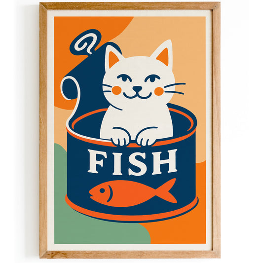Funny White Cat and Canned Fish Poster