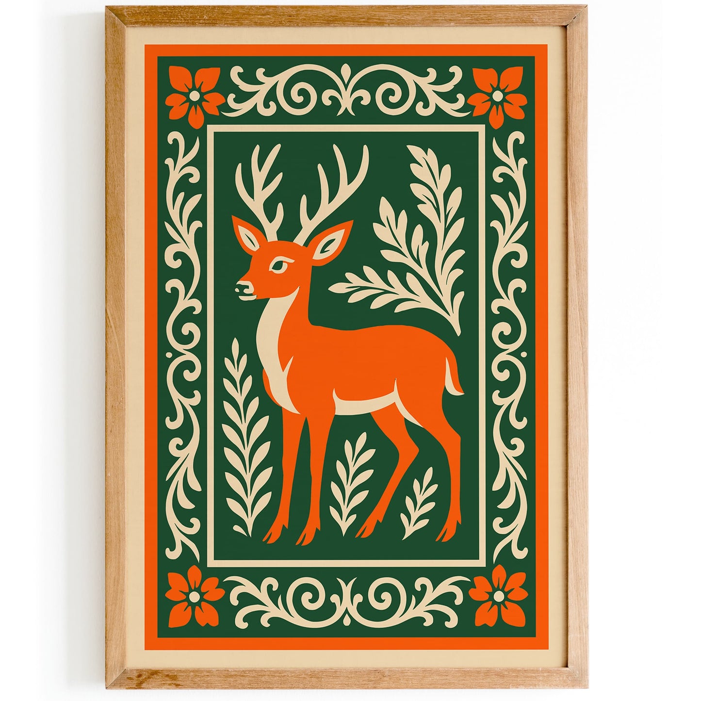 Rococo Deer Art Print - Green and Orange Nature Poster