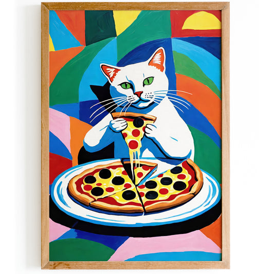 Colorful Cat Eating Pizza Poster