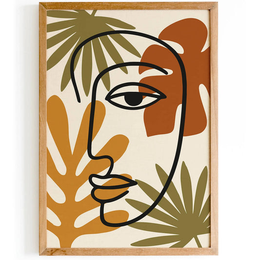 Boho Line Art Face with Tropical Leaves Poster