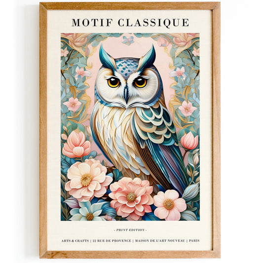 Elegant French Motif Owl & Floral Art Print