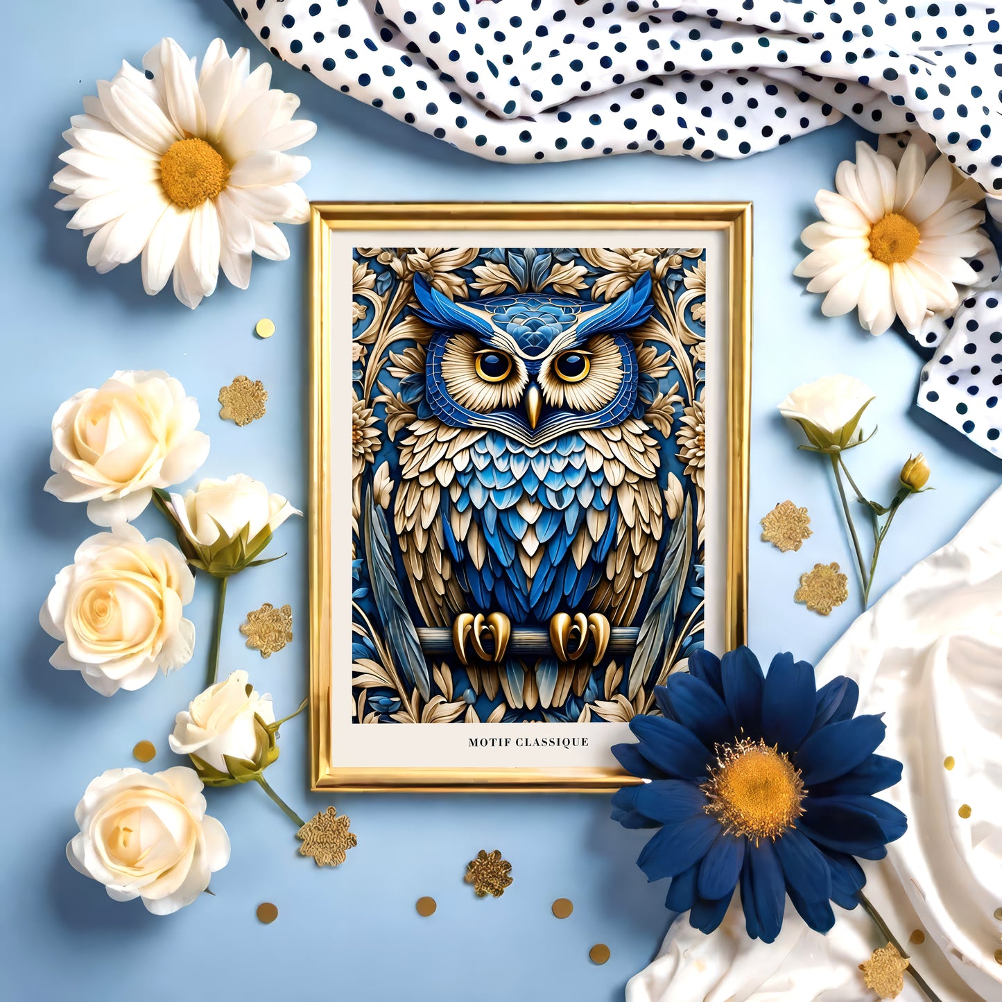 Blue Art Nouveau Owl Art Print