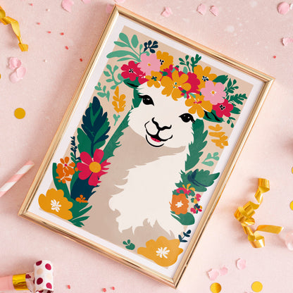 Cute Llama in Flowers, Nursery Room Decor Wall Art