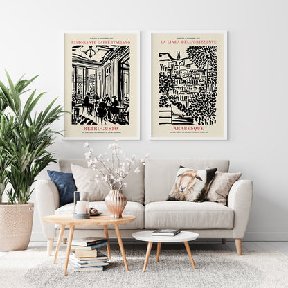 Set of 2 Italian Black Ink Painting Poster