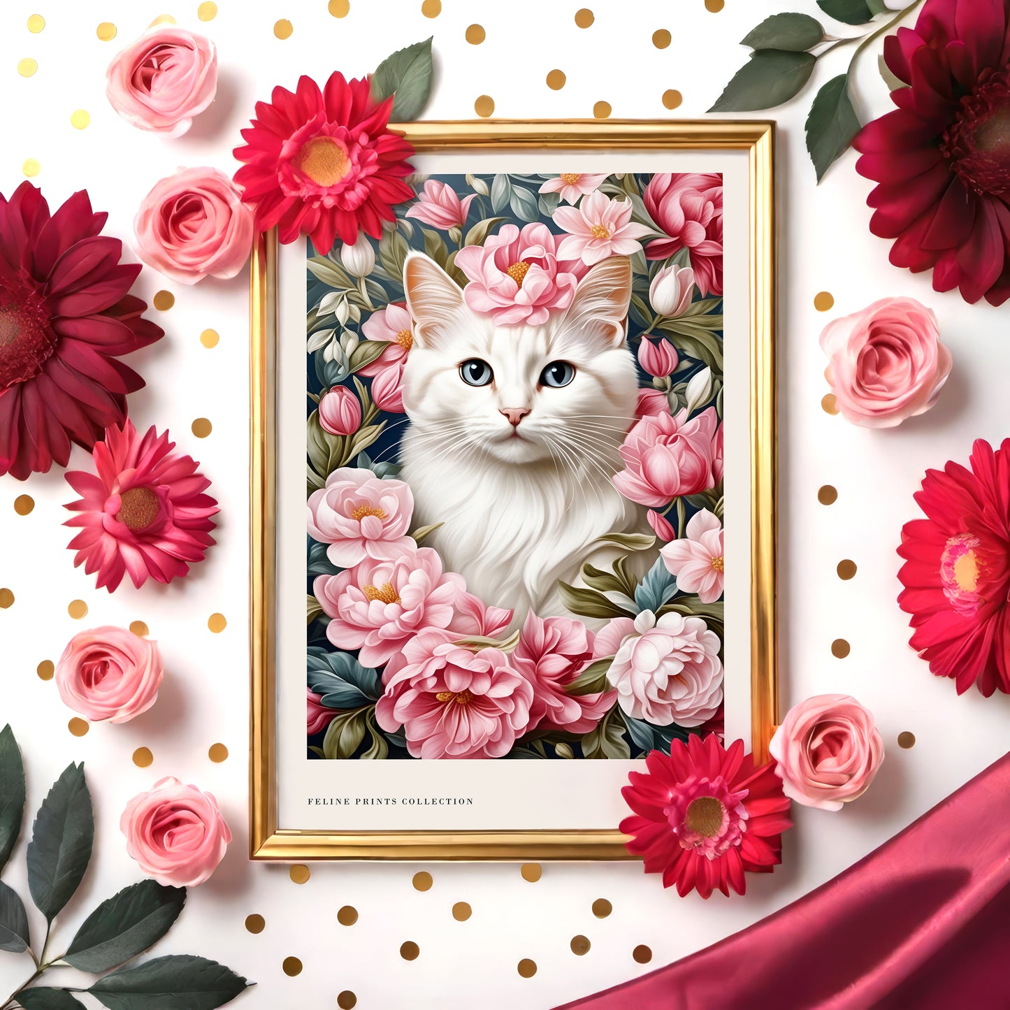 Cat in Pink Flowers Cute Art Print