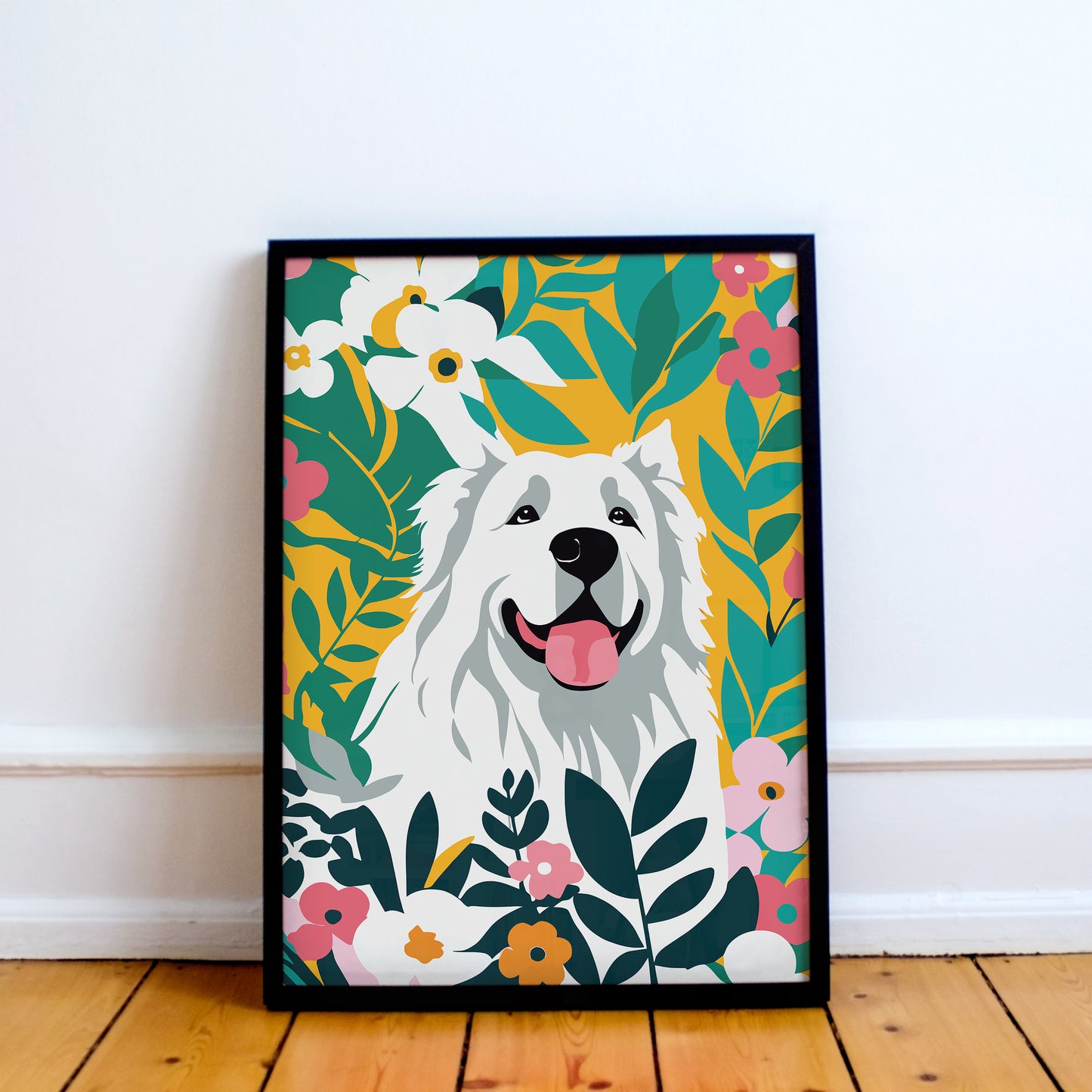 Joyful Dog Amidst Vibrant Blossoms Poster