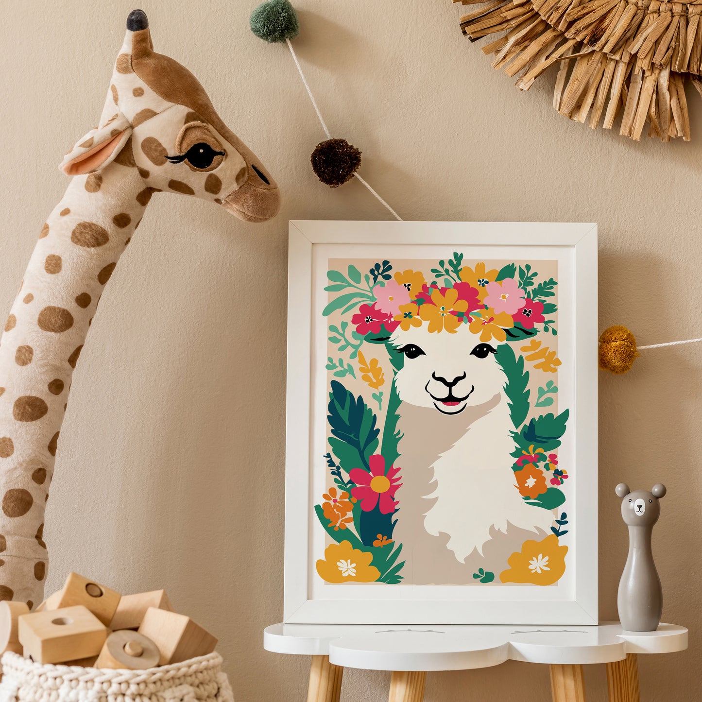 Cute Llama in Flowers, Nursery Room Decor Wall Art