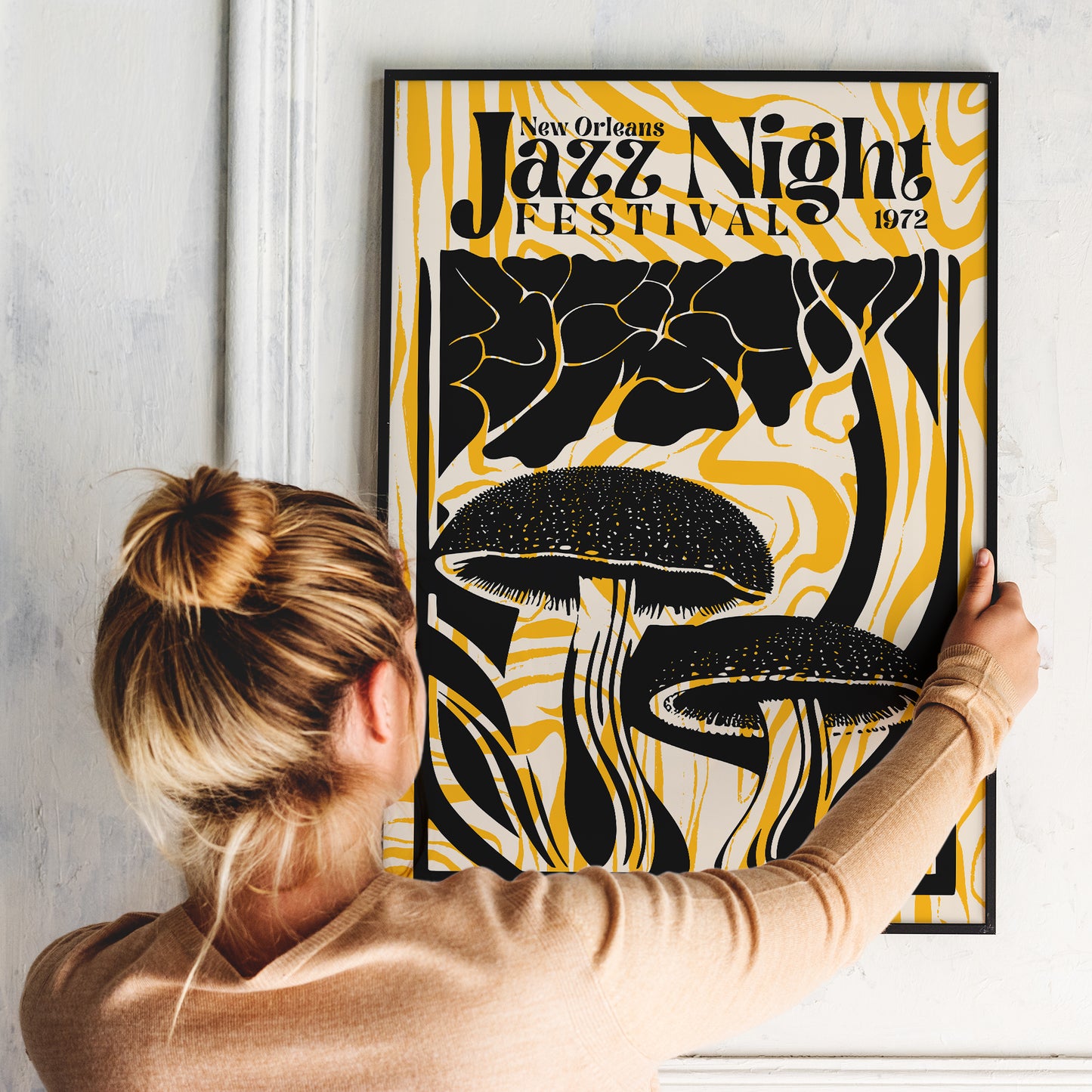 Groovy Jazz Night Mushroom Yellow Music Poster