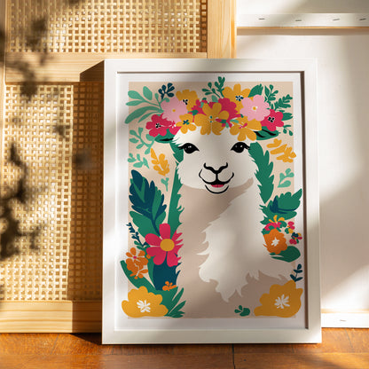 Cute Llama in Flowers, Nursery Room Decor Wall Art