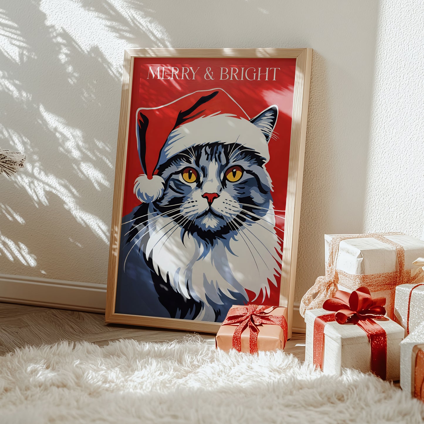 Santa Cute Cat Red Christmas Print