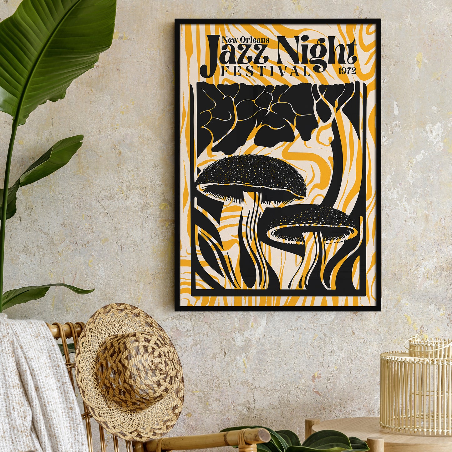 Groovy Jazz Night Mushroom Yellow Music Poster