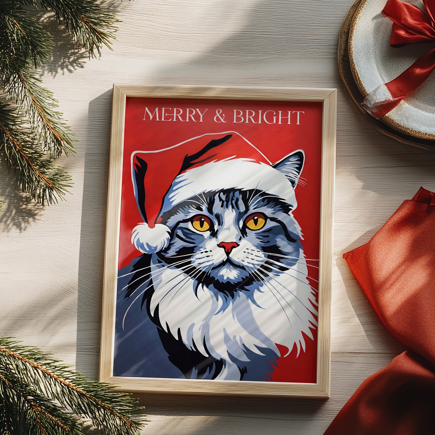 Santa Cute Cat Red Christmas Print