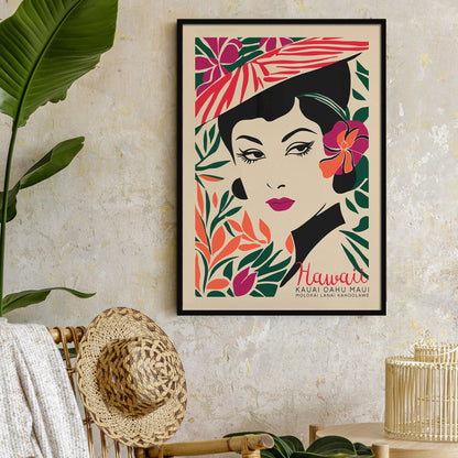 Hawaii Travel Poster with Woman Portrait