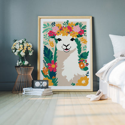 Cute Llama in Flowers, Nursery Room Decor Wall Art