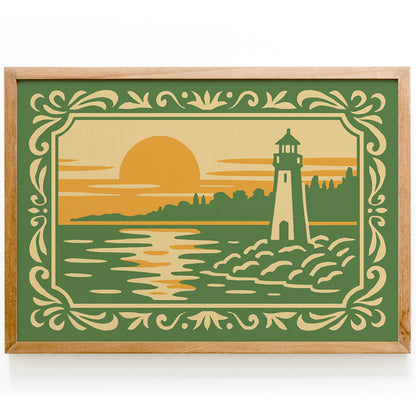 Lighthouse Sunset Seaside Landscape Art Poster