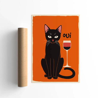 Oui French Wine Cat Poster