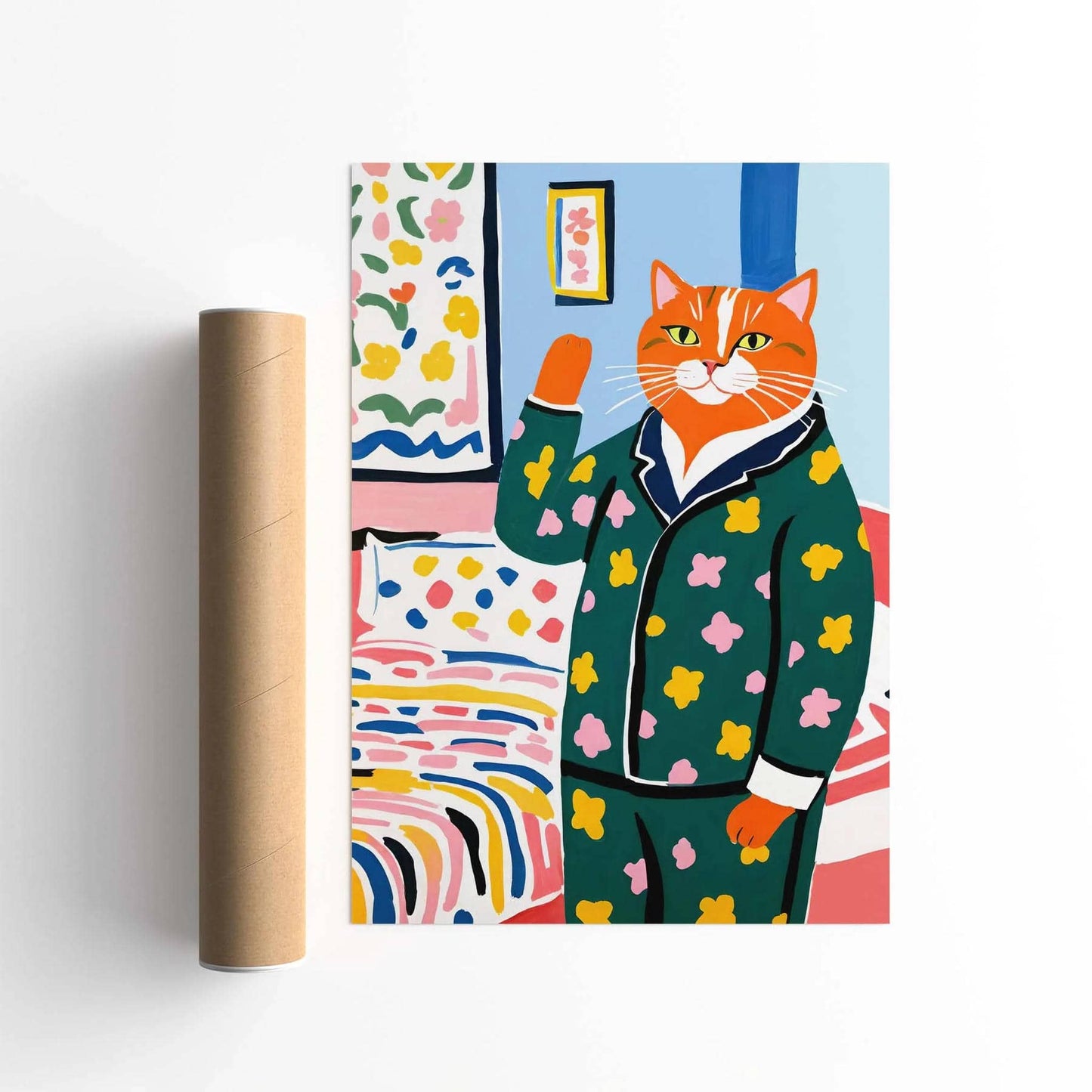 Floral Pajama Cat Wall Art Print