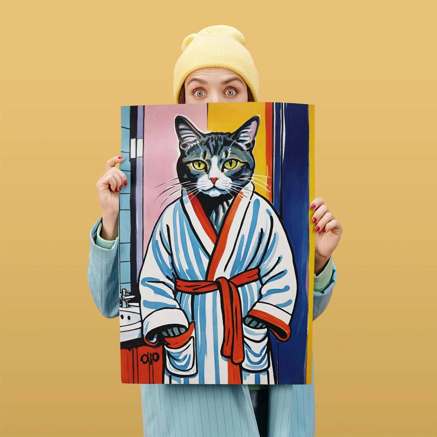 Bathrobe Cat Bathroom Poster Print