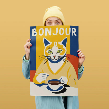 Bonjour Cute Cat Wall Art Print