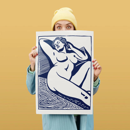 Vintage Sunbathing Linocut Poster
