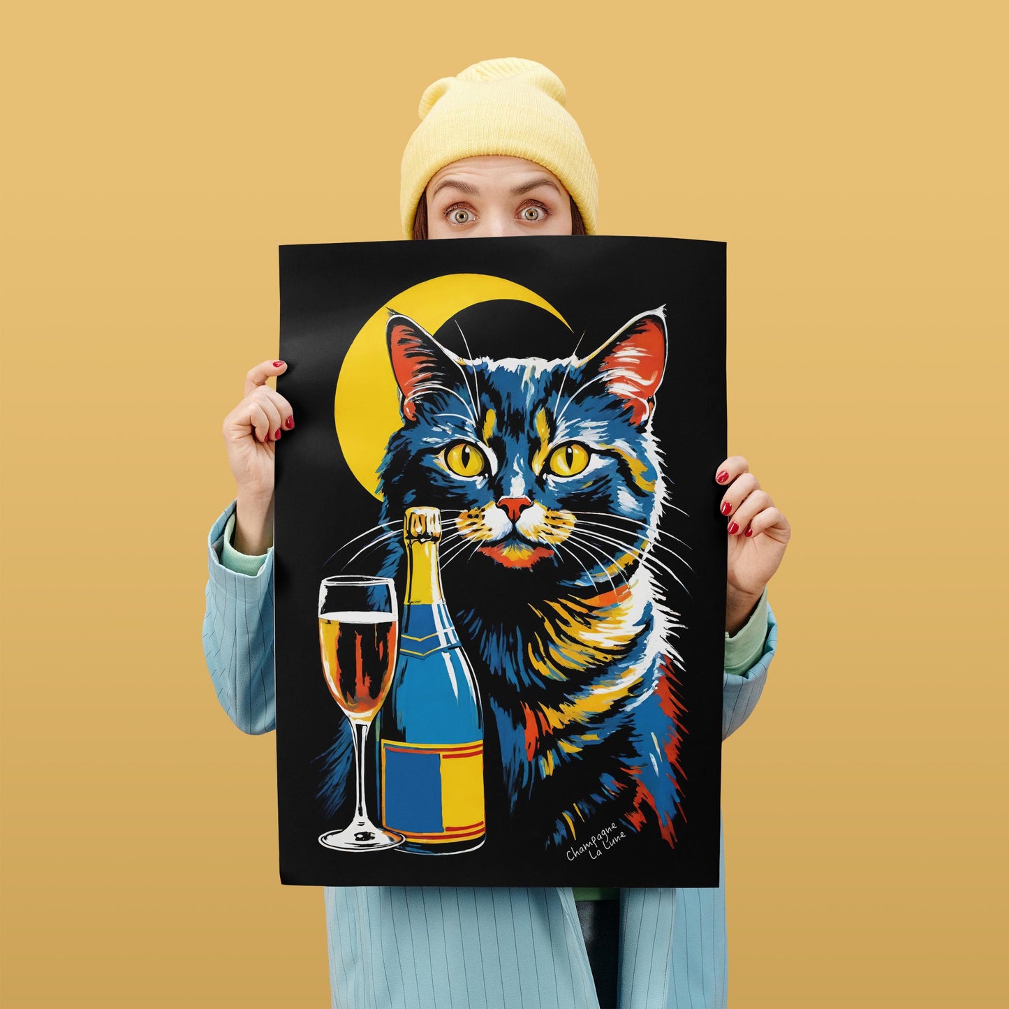 Moonlit Cat Champagne Poster