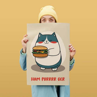 Funny Cartoon Cat with Hamburger Art Print