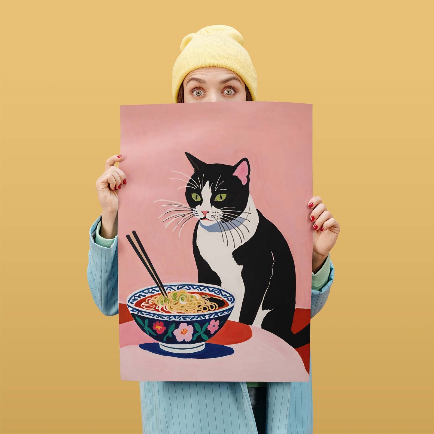 Pink Ramen Print With Black And White Cat
