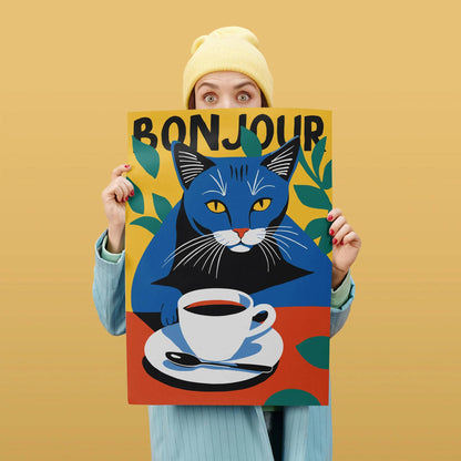 Bonjour Coffee Cat Wall Art Print