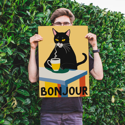 Bonjour - Coffee Cat Art Print