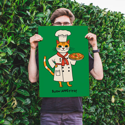 Buon Appetito Cat Pizza Lover Green Poster