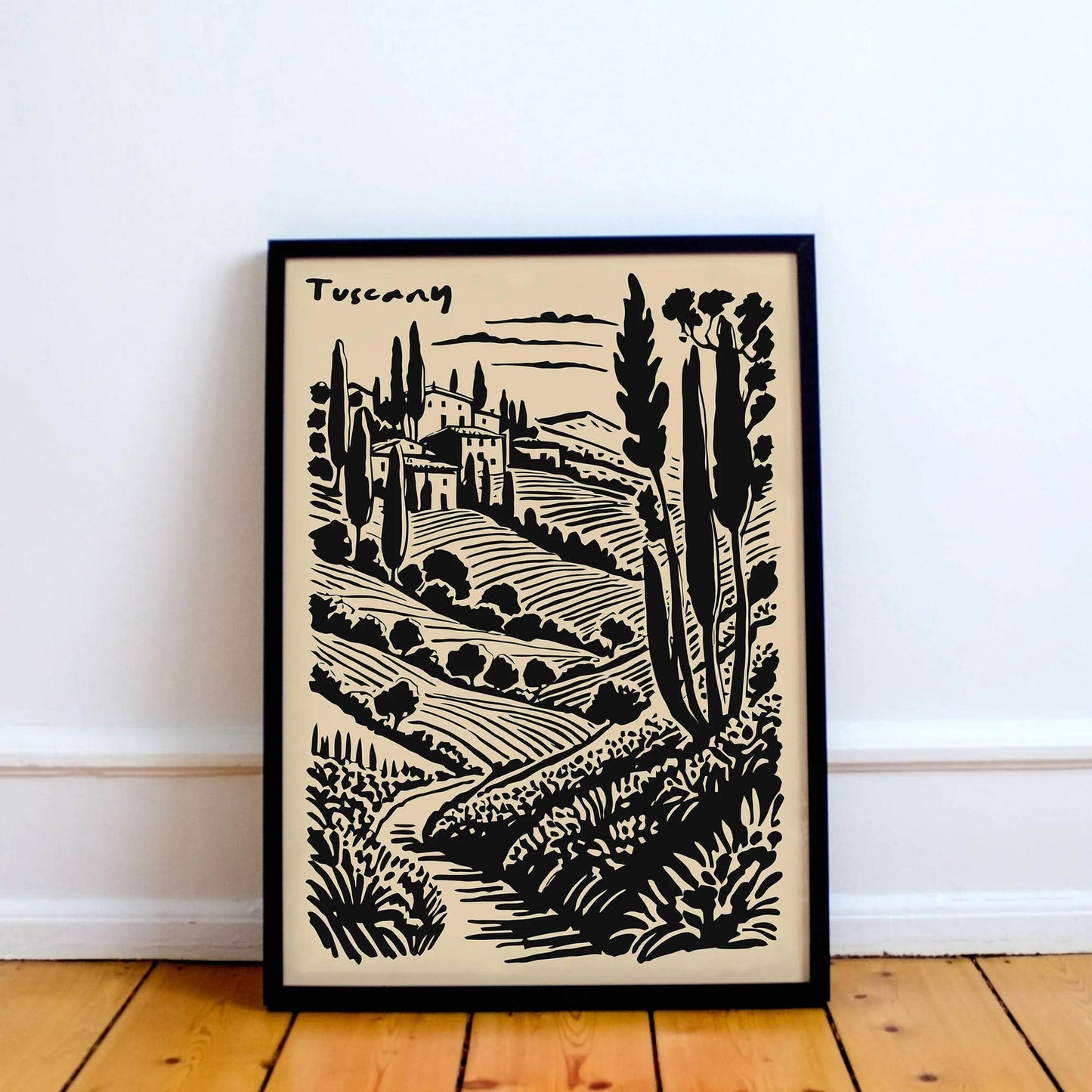Tuscany Scenic Black Ink Style Print
