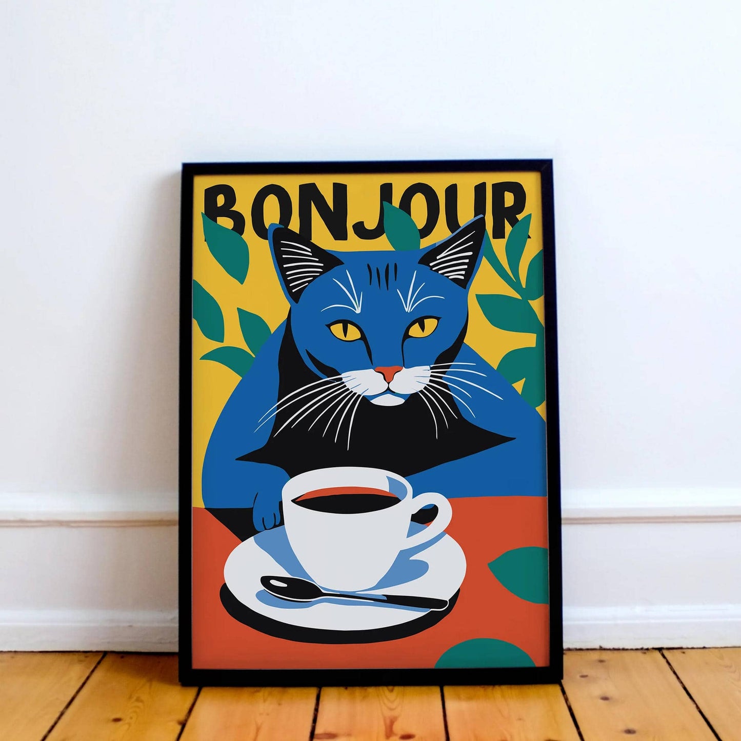 Bonjour Coffee Cat Wall Art Print