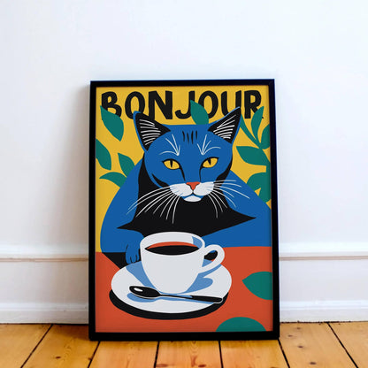 Bonjour Coffee Cat Wall Art Print