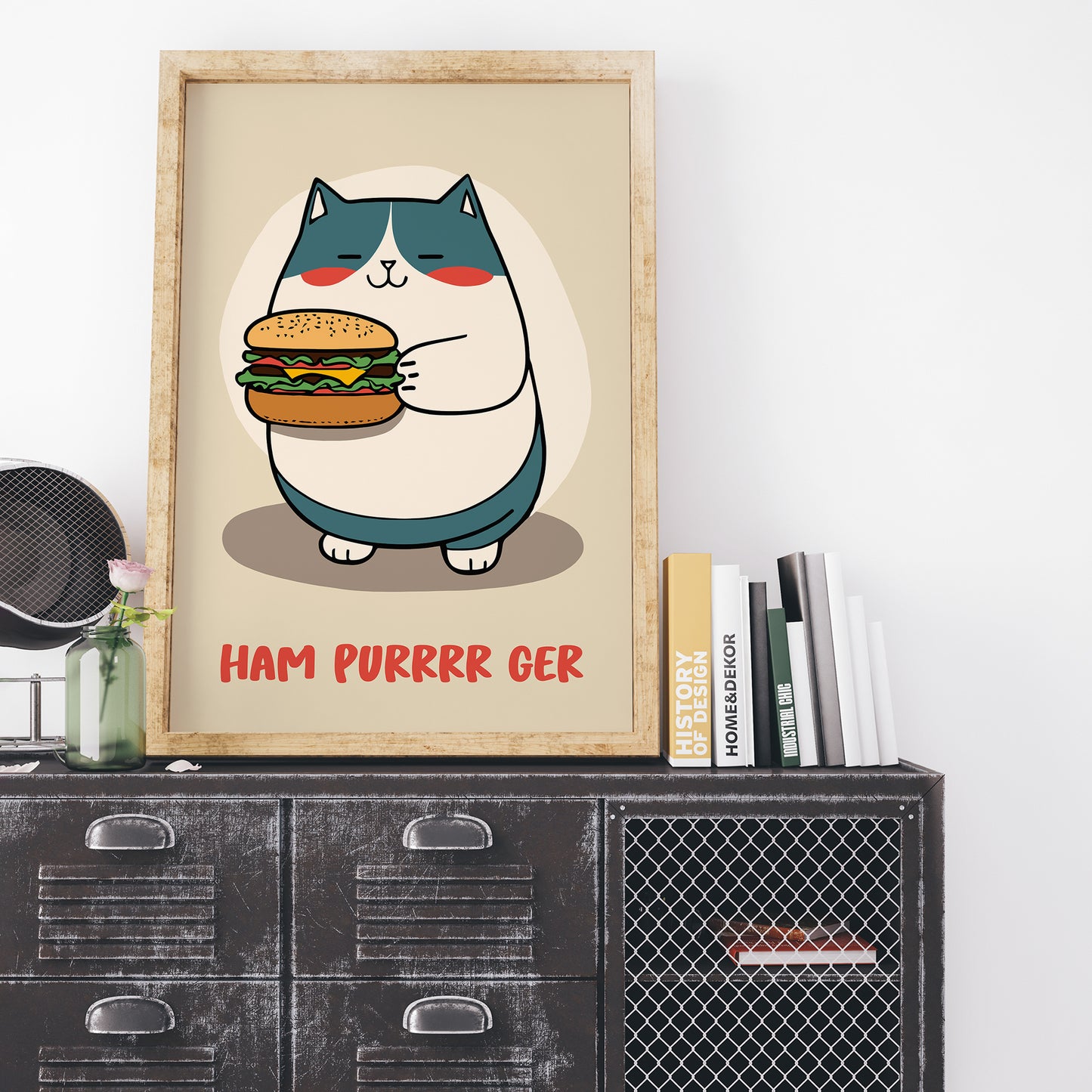 Funny Cartoon Cat with Hamburger Art Print