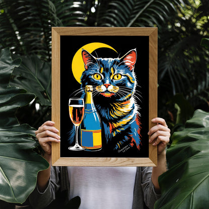 Moonlight Wine Retro Cat Poster