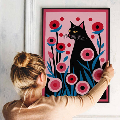 Black Cat in Floral Wonderland Art Print
