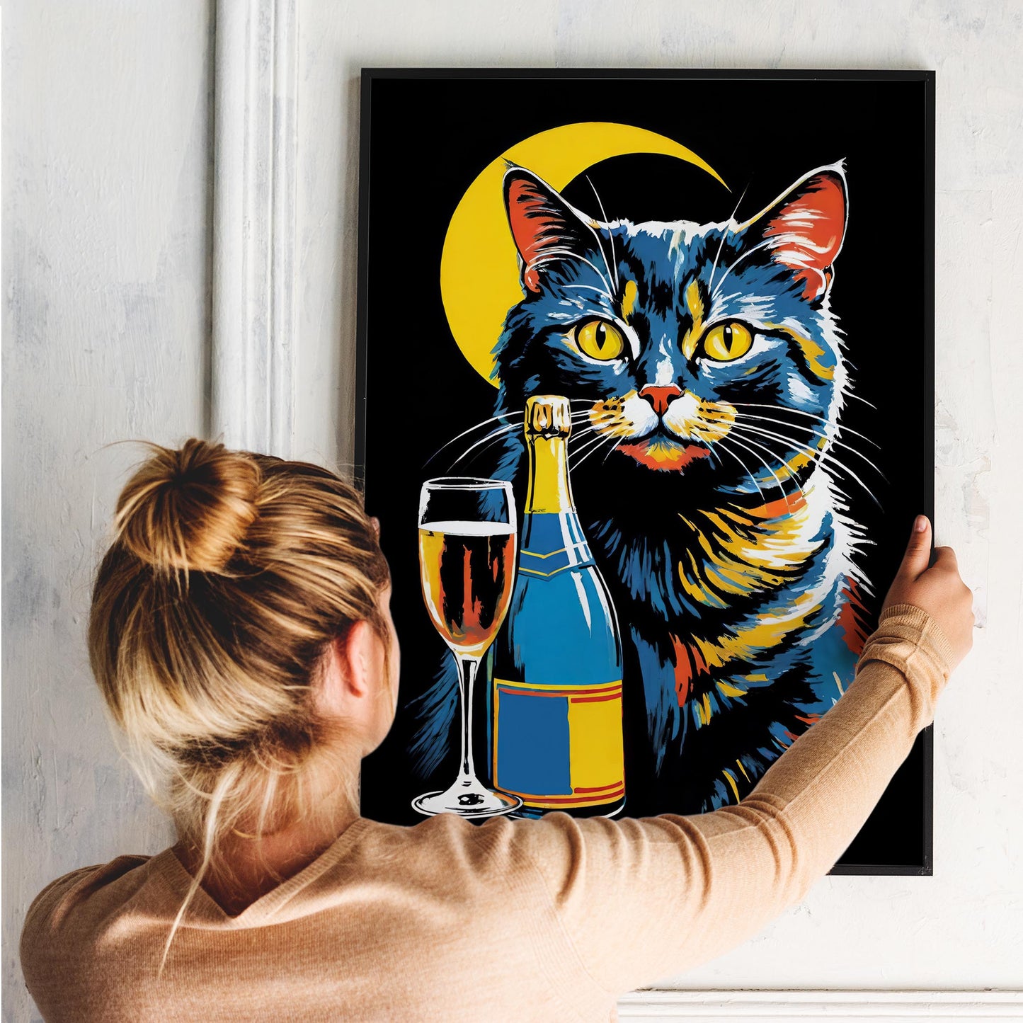 Moonlight Wine Retro Cat Poster