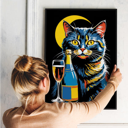 Moonlight Wine Retro Cat Poster